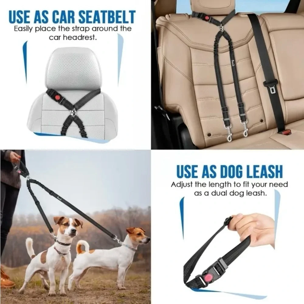 Black Double Dog Leash with Reflective Stitching